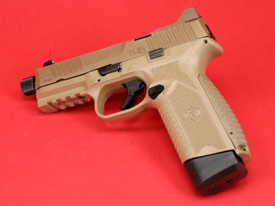 FN 545 Tactical FDE, Full Size, 45 ACP, 4.71" Barrel, Flat Dark Earth, 1 -18rd and 1-15rd Magazine, Non-Manual Safety, Suppressor Height Night Sights, Low Profile Optics Mounting System, Barrel Threaded .578x28, Ambi Slide Stop Lever, Ambi Mag Release, Includes (4) MRD Mounting Plates, (2) Frame Backstraps and Premium Zippered Case, 845737015688, FFL-FN-66-101384, RTG Parts