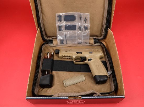FN 545 Tactical FDE, Full Size, 45 ACP, 4.71" Barrel, Flat Dark Earth, 1 -18rd and 1-15rd Magazine, Non-Manual Safety, Suppressor Height Night Sights, Low Profile Optics Mounting System, Barrel Threaded .578x28, Ambi Slide Stop Lever, Ambi Mag Release, Includes (4) MRD Mounting Plates, (2) Frame Backstraps and Premium Zippered Case, 845737015688, FFL-FN-66-101384, RTG Parts