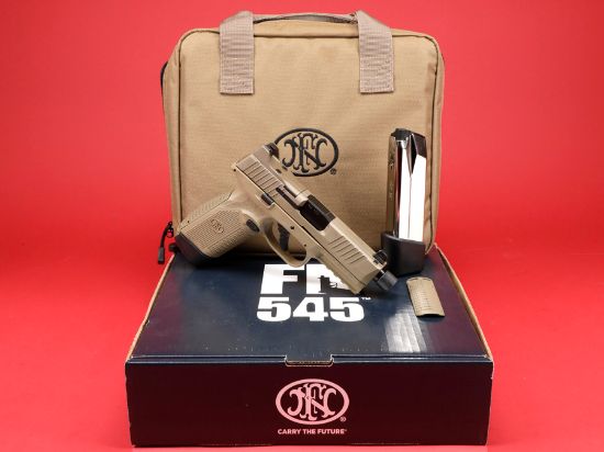 FN 545 Tactical FDE, Full Size, 45 ACP, 4.71" Barrel, Flat Dark Earth, 1 -18rd and 1-15rd Magazine, Non-Manual Safety, Suppressor Height Night Sights, Low Profile Optics Mounting System, Barrel Threaded .578x28, Ambi Slide Stop Lever, Ambi Mag Release, Includes (4) MRD Mounting Plates, (2) Frame Backstraps and Premium Zippered Case, 845737015688, FFL-FN-66-101384, RTG Parts
