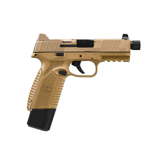FN 545 Tactical FDE, Full Size, 45 ACP, 4.71" Barrel, Flat Dark Earth, 1 -18rd and 1-15rd Magazine, Non-Manual Safety, Suppressor Height Night Sights, Low Profile Optics Mounting System, Barrel Threaded .578x28, Ambi Slide Stop Lever, Ambi Mag Release, Includes (4) MRD Mounting Plates, (2) Frame Backstraps and Premium Zippered Case, 845737015688, FFL-FN-66-101384, RTG Parts