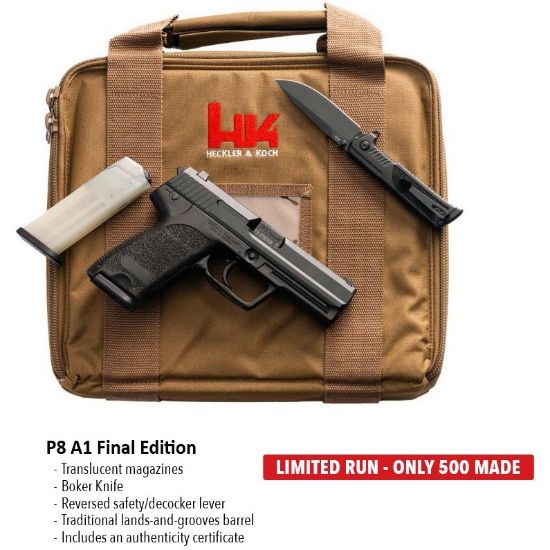 HK P8 A1 Final Edition, Limited Edition with Tan HK Logo Case and Boker Folding Knife, DA/SA,  Full Size, 9MM, 4.25" Barrel, Matte Finish, Black, 3-Dot Sights, Reversed Safety/Decocker Lever, P8A1, Includes Certificate of Authenticity, Two 15rd Mags, Heckler & Koch, Bundeswehr Version of the USP9, 642230274877, FFL-HKK-81001397, RTG Parts