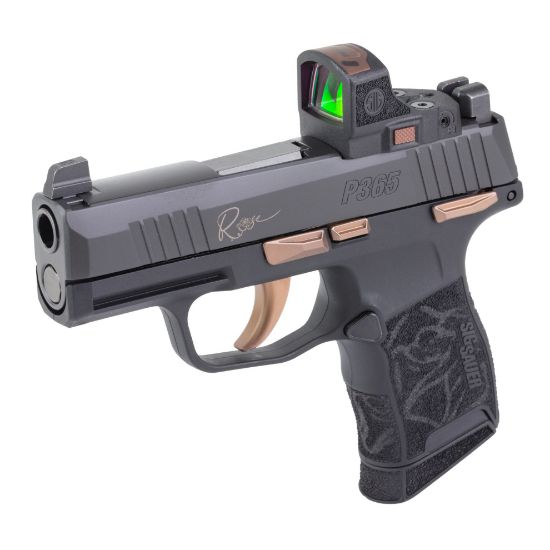 Sig Sauer, P365 ROSE, Sub-compact, 380 ACP, 3.1" Barrel, Nitron Finish, Black, Rose Gold Accents, ROMEO-RS Sight, X-RAY3 Day/Night Suppressor Height Sights, Polymer Grips, Manual Safety, 10 Rounds, 2 Magazines, 798681729975, FFL-SIG-365-380-ROSE-MS-RS, RTG Parts