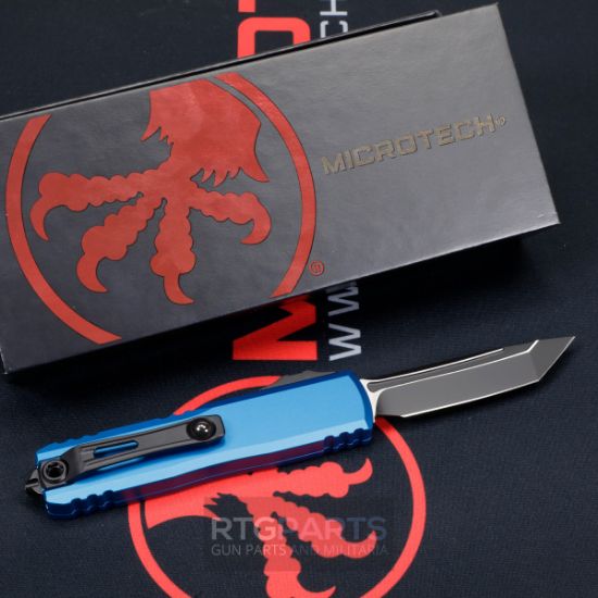 Picture of MICROTECH UTX-85 GEN IV OTF AUTOMATIC KNIFE, BLUE, 3.125" M390 T/E TANTO, TACTICAL BLACK, 12334-1BL