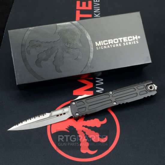 Picture of MICROTECH ULTRATECH EX ZBP OTF AUTOMATIC KNIFE, BLACK, 3.5" M390 BAYONET, SERRATED, STONEWASH, 1120EX-12S