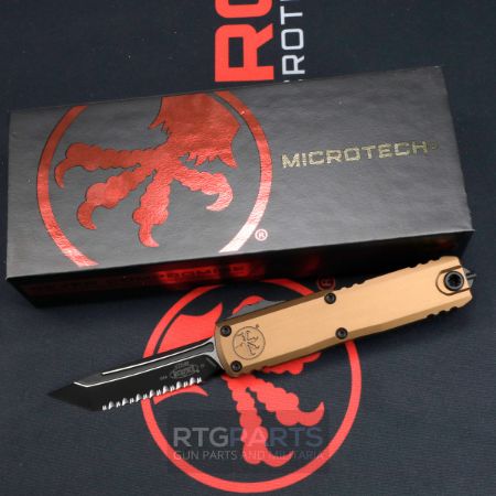 Picture of MICROTECH UTX-85 GEN IV OTF AUTOMATIC KNIFE, TAN, 3.125" M390 T/E TANTO, FULL SERRATED, TACTICAL BLACK, 12334-3TA