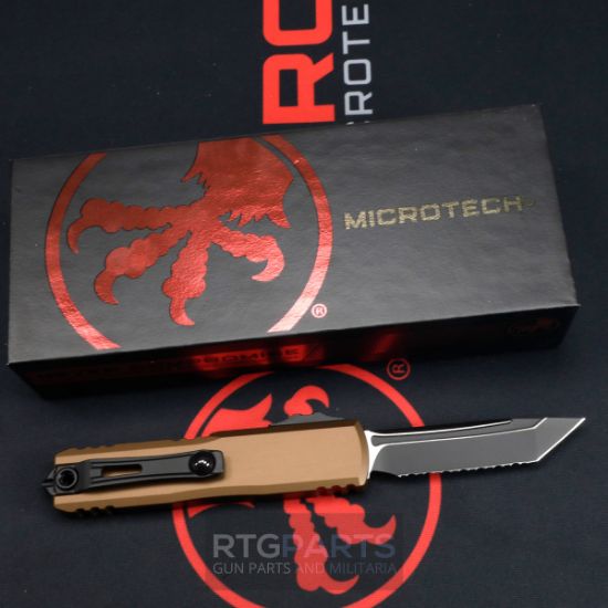Picture of MICROTECH UTX-85 GEN IV OTF AUTOMATIC KNIFE, TAN, 3.125" M390 T/E TANTO, FULL SERRATED, TACTICAL BLACK, 12334-3TA