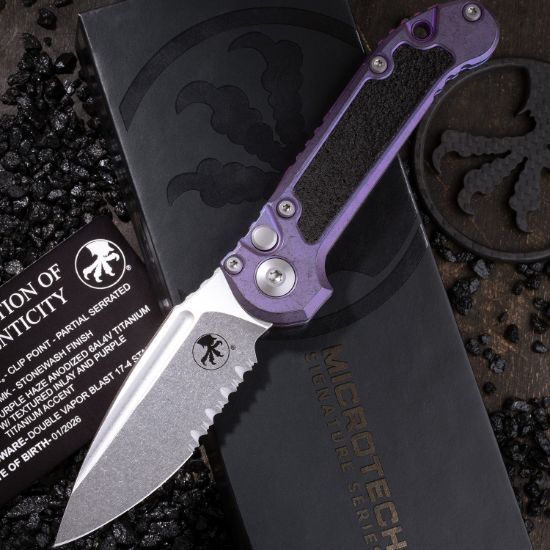 Microtech, Marfione Select, LUDT, L.U.D.T., S/E, Auto Knife, Push Button Automatic, Purple Haze Anodized Titanium W/ Textured Inlay, Titanium Accents, 3.5 Inch, Drop Point, Serrated, Stonewash, M390MK, Large, Underwater Demolition Team, Made in the USA, 841768196013, MICROTECH-1135-11MS10, RTG Parts
