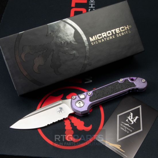 Microtech, Marfione Select, LUDT, L.U.D.T., S/E, Auto Knife, Push Button Automatic, Purple Haze Anodized Titanium W/ Textured Inlay, Titanium Accents, 3.5 Inch, Drop Point, Serrated, Stonewash, M390MK, Large, Underwater Demolition Team, Made in the USA, 841768196013, MICROTECH-1135-11MS10, RTG Parts