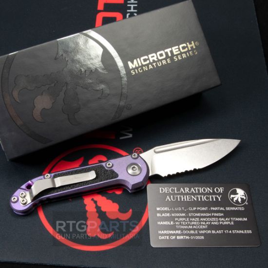 	Microtech, Marfione Select, LUDT, L.U.D.T., S/E, Auto Knife, Push Button Automatic, Purple Haze Anodized Titanium W/ Textured Inlay, Titanium Accents, 3.5 Inch, Drop Point, Serrated, Stonewash, M390MK, Large, Underwater Demolition Team, Made in the USA, 841768196013, MICROTECH-1135-11MS10, RTG Parts