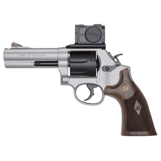 Smith & Wesson, 686 Plus, Spec Series R, Revolver, No Internal Lock, 357 Magnum/38 Special +P, 4.13" Ported Barrel, Cerakote Finish, Titanium, Aimpoint ACRO P-2 Optic, Checkered Wood Grips, Extended Cylinder Release, 7 Rounds, Includes Savior Pistol Case, Spec Series R Knife, Spec Series R Coin, Spec Series Patch and (10) Moon Clips, S&W, 022188904550, FFL-SW-14635, RTG Parts