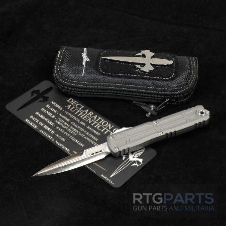 Marfione Custom, Ultratech EX ZBP, Zero Blade Play, Bayonet OTF, Automatic Knife, Natural Hardcoat, (3.5 Inch), M390, Double Edge Bayonet, Cracked Ice Finish, Made in the USA, MICROTECH-1120EX-CINCHCS-MCK, RTG Parts