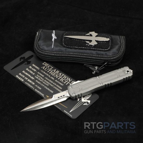 Marfione Custom, Ultratech EX ZBP, Zero Blade Play, Bayonet OTF, Automatic Knife, Natural Hardcoat, (3.5 Inch), M390, Double Edge Bayonet, Cracked Ice Finish, Made in the USA, MICROTECH-1120EX-CINCHCS-MCK, RTG Parts