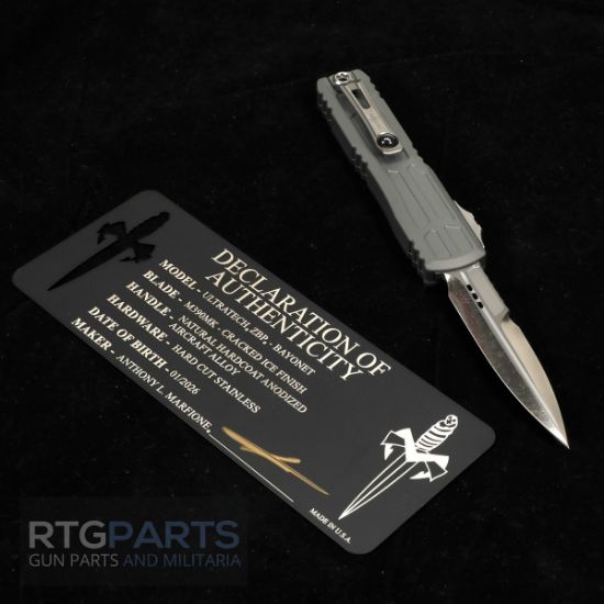 Marfione Custom, Ultratech EX ZBP, Zero Blade Play, Bayonet OTF, Automatic Knife, Natural Hardcoat, (3.5 Inch), M390, Double Edge Bayonet, Cracked Ice Finish, Made in the USA, MICROTECH-1120EX-CINCHCS-MCK, RTG Parts