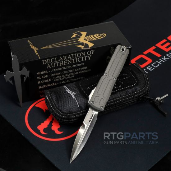 Marfione Custom, Ultratech EX ZBP, Zero Blade Play, Bayonet OTF, Automatic Knife, Natural Hardcoat, (3.5 Inch), M390, Double Edge Bayonet, Cracked Ice Finish, Made in the USA, MICROTECH-1120EX-CINCHCS-MCK, RTG Parts