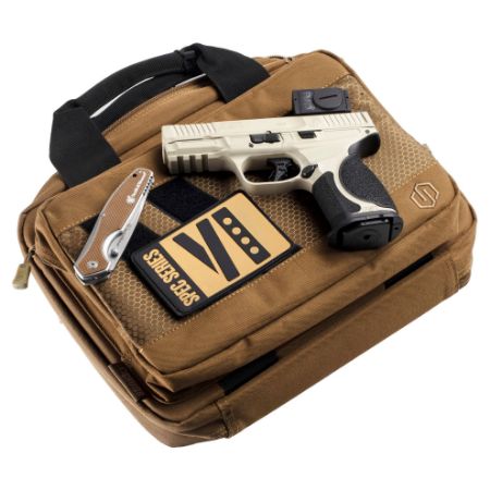 Smith & Wesson, M&P M2.0 Metal Compact, Spec Series VI, Aluminum Frame Pistol, Compact, 9MM, 4" Barrel, Cerakote Finish, Champagne, Aimpoint ACRO P-2 Optic, Inline Ported Slide, Floyds Custom Shop EDC Magwell and Baseplates, Adjustable Sights, 15rd, Includes Savior Pistol Bag, Hunter Constantine Carry Belt, Spec Series VI Knife & Spec Series Patch, S&W, 022188905021, FFL-SW-14634, RTG Parts