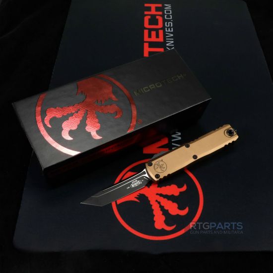 Picture of MICROTECH UTX-85 GEN IV OTF AUTOMATIC KNIFE, TAN, 3.125" M390 T/E TANTO, TACTICAL BLACK, 12334-1TA