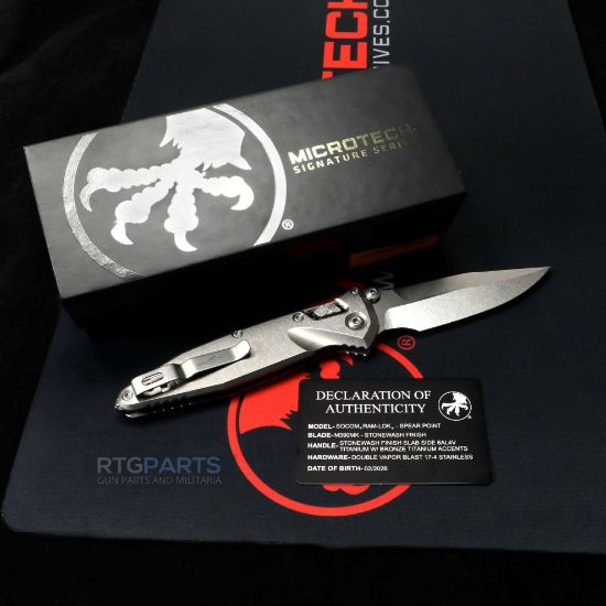 Picture of MICROTECH SOCOM RAM-LOK 4" SPEAR POINT STONEWASH SLAB SIDE TITANIUM W/ ACCENTS 160RLS-10SMS2