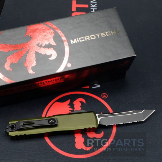 Picture of MICROTECH UTX-85 GEN IV OTF AUTOMATIC KNIFE, OD GREEN, 3.125" M390 T/E TANTO, FULL SERRATED, TACTICAL BLACK, 12334-3OD