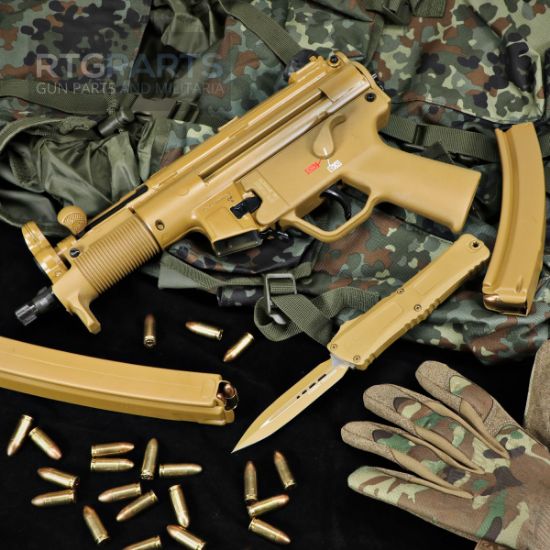 HK FDE SP5K With Brace Combo, Heckler & Koch, SP5K, Pistol, Semi-automatic, 9MM,  Threaded Barrel, Steel Receiver, Black, Polymer Pistol Grip, Iron Sights, 2x 30rd Mags, Ambidextrous, RAL8000, RAL-8000, 642230269965, FFL-HKK-81001076, RTG Parts