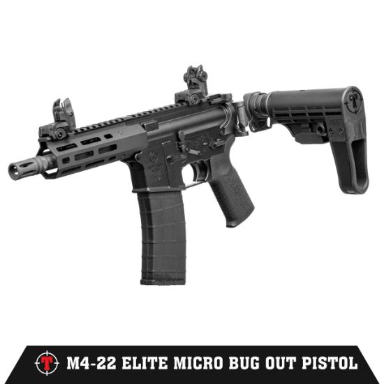 Tippmann Arms Company, M4-22, Micro Elite BUG OUT Pistol, Semi-Automatic Pistol, AR, 22 LR, 7" Threaded Barrel, 1/2X28 Thread Pitch, Aluminum MLOK Handguard, Matte Finish, Black, Folding T5 Pistol Brace, Front/Rear Flip Sights, 25rd Magazine,  857253008433, FFL-TIPPMANN-A101124, RTG Parts