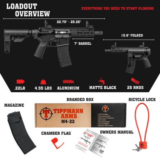 Tippmann Arms Company, M4-22, Micro Elite BUG OUT Pistol, Semi-Automatic Pistol, AR, 22 LR, 7" Threaded Barrel, 1/2X28 Thread Pitch, Aluminum MLOK Handguard, Matte Finish, Black, Folding T5 Pistol Brace, Front/Rear Flip Sights, 25rd Magazine,  857253008433, FFL-TIPPMANN-A101124, RTG Parts