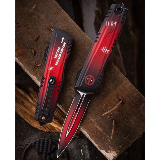 Microtech Luminary, Signature Series, Zero Blade Play (ZBP), D/E OTF, Automatic Knife, Cerakote Deadpool Theme, (3.56 Inch), Dagger, M390MK, Made in the USA, Made in the USA, 841768196327, MICROTECH-1270-1DPS, RTG Parts