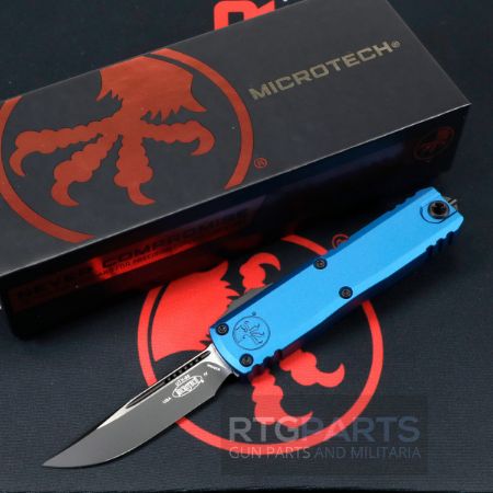 Microtech UTX-85 Gen IV, D/E OTF, Automatic Knife, Blue, (3.125 Inch) M390, Double Edge, Dagger, Tactical Black, Made in the USA, 12324-1BL, 841768185567, MICROTECH-12314-1BL, RTG Parts