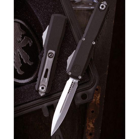 Microtech UTX-70 Gen IV, D/E OTF, Automatic Knife, Black (2.5 Inch), M390, Double Edge, Dagger, Stonewash, Made in the USA, 810222580255, MICROTECH-11474-10, RTG Parts