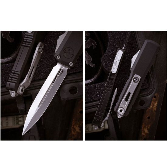 Microtech UTX-70 Gen IV, D/E OTF, Automatic Knife, Black (2.5 Inch), M390, Double Edge, Dagger, Stonewash, Made in the USA, 810222580255, MICROTECH-11474-10, RTG Parts