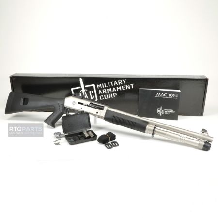 MAC 1014 Marine Pistol Grip, Semi-automatic Shotgun, 12 Gauge, 3" Chamber, 18.5" Barrel, Polymer Pistol Grip and Forearm, Electroless Nickel Finish, Ghost Ring Rear and Blade Front Sights, 5 Rounds, Includes Benelli/Mobil Pattern Choke Tubes 1/3/5, Military Arms Corporation, 723551444320, FFL-MAC-21000153, RTG Parts
