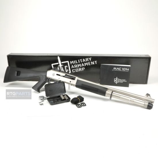 MAC 1014 Marine Pistol Grip, Semi-automatic Shotgun, 12 Gauge, 3" Chamber, 18.5" Barrel, Polymer Pistol Grip and Forearm, Electroless Nickel Finish, Ghost Ring Rear and Blade Front Sights, 5 Rounds, Includes Benelli/Mobil Pattern Choke Tubes 1/3/5, Military Arms Corporation, 723551444320, FFL-MAC-21000153, RTG Parts