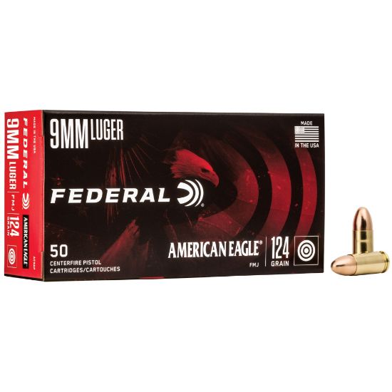 Federal, American Eagle, 9MM, 124 Grain, Full Metal Jacket, 50 Round Box, 50rds, 029465088569, AMMO-AE9AP, RTG Parts