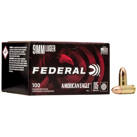 Federal, American Eagle Ammunition, 9mm, 115 Grain, Full Metal Jacket Value Pack, 100 Round Box, 029465062477, AMMO-AE9DP100, RTG Parts