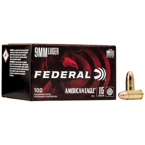 Federal, American Eagle Ammunition, 9mm, 115 Grain, Full Metal Jacket Value Pack, 100 Round Box, 029465062477, AMMO-AE9DP100, RTG Parts
