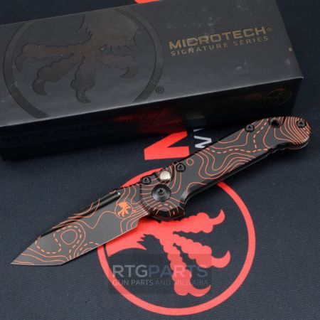 Picture of MICROTECH LUDT GEN III AUTO KNIFE, T/E, SMOOTH HANDLE TOPOGRAPHIC BLACK & ORANGE, 3.5" TANTO, 1136S-1TPBKORCS