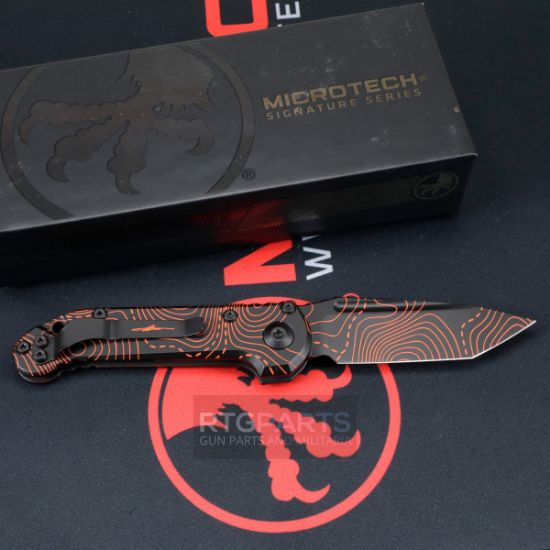 Picture of MICROTECH LUDT GEN III AUTO KNIFE, T/E, SMOOTH HANDLE TOPOGRAPHIC BLACK & ORANGE, 3.5" TANTO, 1136S-1TPBKORCS