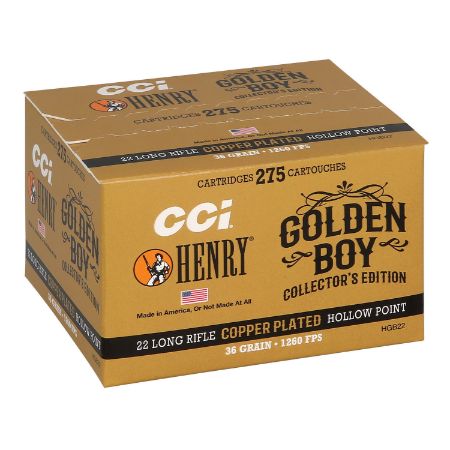 CCI Henry Golden Boy Edition 22LR Ammunition, Golden Bullet, 22LR, 36 Grain, Copper-Plated Hollow Point, 275 Round Box, 604544709056, AMMO-HGB22, RTG Parts