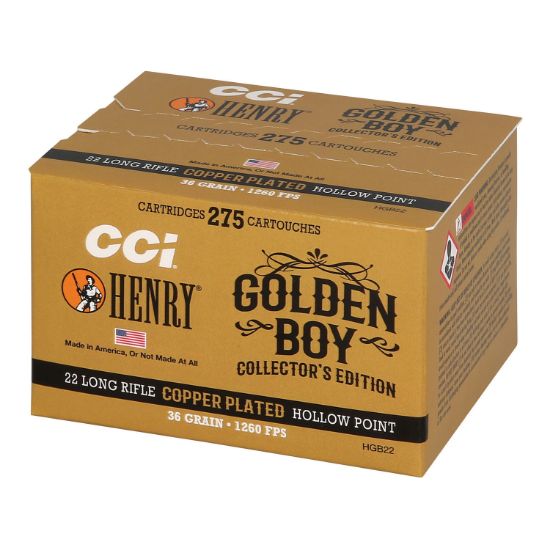 CCI Henry Golden Boy Edition 22LR Ammunition, Golden Bullet, 22LR, 36 Grain, Copper-Plated Hollow Point, 275 Round Box, 604544709056, AMMO-HGB22, RTG Parts