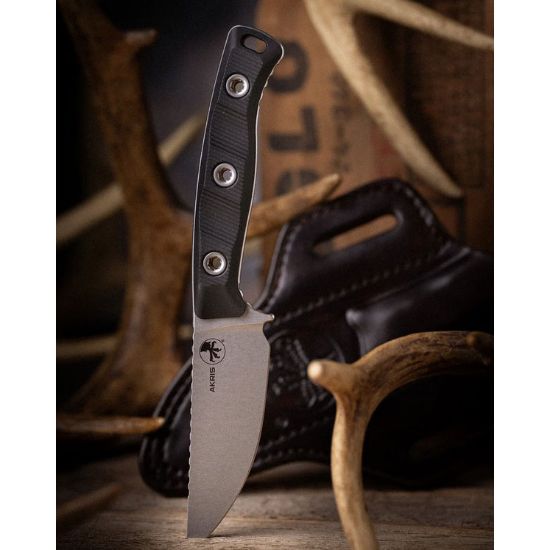 Microtech, Akris, S/E, Fixed Blade Knife, Black, (3.7 Inch), Stonewash, Black G10 Handles, Full Tang, M390, Field/Hunting Knife, With Dark Chocalate Sheath, Made in the USA, 810222581085, MICROTECH-95-10BK-1, RTG Parts