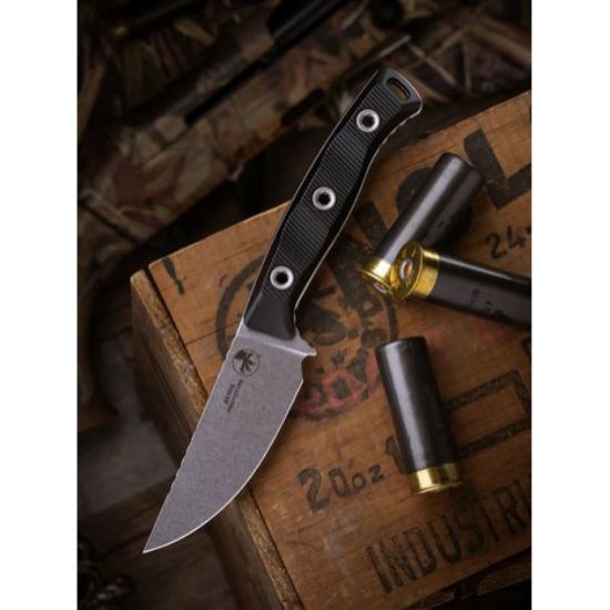 Microtech, Akris, S/E, Fixed Blade Knife, Black, (3.7 Inch), Stonewash, Black G10 Handles, Full Tang, M390, Field/Hunting Knife, With Dark Chocalate Sheath, Made in the USA, 810222581085, MICROTECH-95-10BK-1, RTG Parts