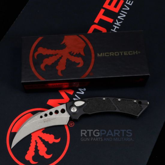 Picture of MICROTECH HAWK AUTO KARAMBIT, BLACK ALUMINUM TEXTURED, 4" M390 HAWKBILL APOCALYPTIC, 166-10AP