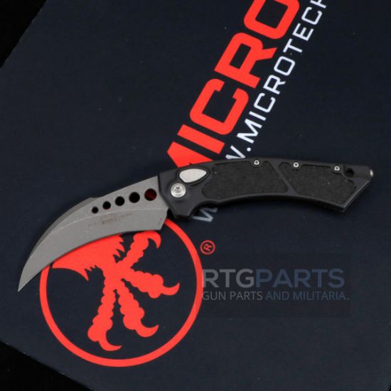 Picture of MICROTECH HAWK AUTO KARAMBIT, BLACK ALUMINUM TEXTURED, 4" M390 HAWKBILL APOCALYPTIC, 166-10AP