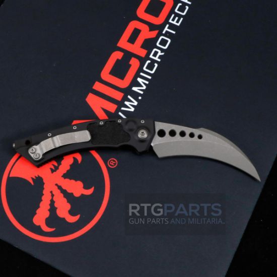 Picture of MICROTECH HAWK AUTO KARAMBIT, BLACK ALUMINUM TEXTURED, 4" M390 HAWKBILL APOCALYPTIC, 166-10AP