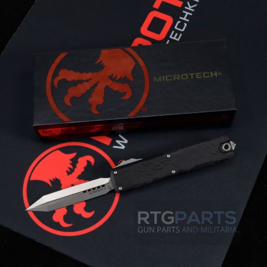 Picture of MICROTECH ULTRATECH SPARTAN GEN IV OTF AUTO KNIFE, TOPOGRAPHIC ENGRAVED BLACK, 3.5" M390 D/E, STONEWASH, 12234TP-10