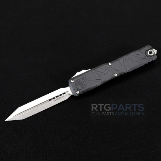 Picture of MICROTECH ULTRATECH SPARTAN GEN IV OTF AUTO KNIFE, TOPOGRAPHIC ENGRAVED BLACK, 3.5" M390 D/E, STONEWASH, 12234TP-10