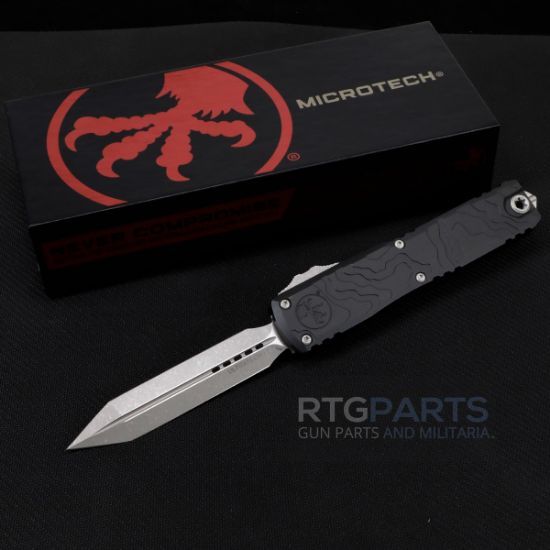 Picture of MICROTECH ULTRATECH SPARTAN GEN IV OTF AUTO KNIFE, TOPOGRAPHIC ENGRAVED BLACK, 3.5" M390 D/E, APOCALYPTIC, 12234TP-10AP