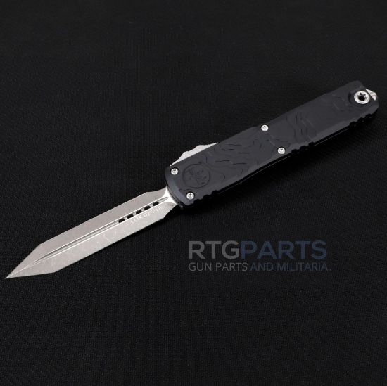 Picture of MICROTECH ULTRATECH SPARTAN GEN IV OTF AUTO KNIFE, TOPOGRAPHIC ENGRAVED BLACK, 3.5" M390 D/E, APOCALYPTIC, 12234TP-10AP