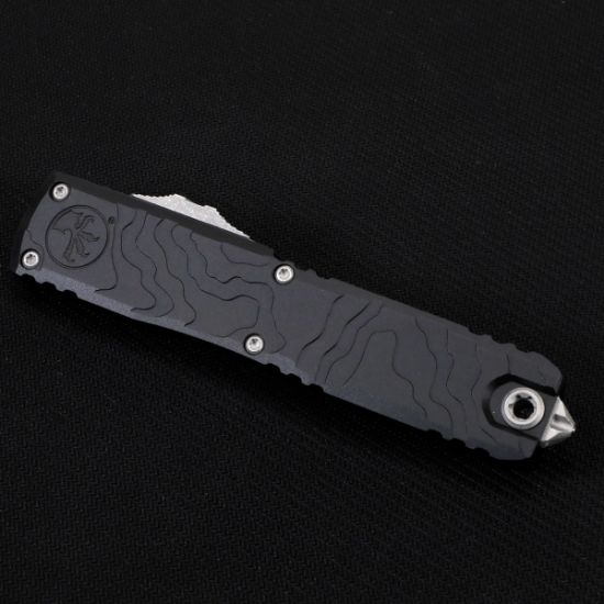 Picture of MICROTECH ULTRATECH SPARTAN GEN IV OTF AUTO KNIFE, TOPOGRAPHIC ENGRAVED BLACK, 3.5" M390 D/E, APOCALYPTIC, 12234TP-10AP