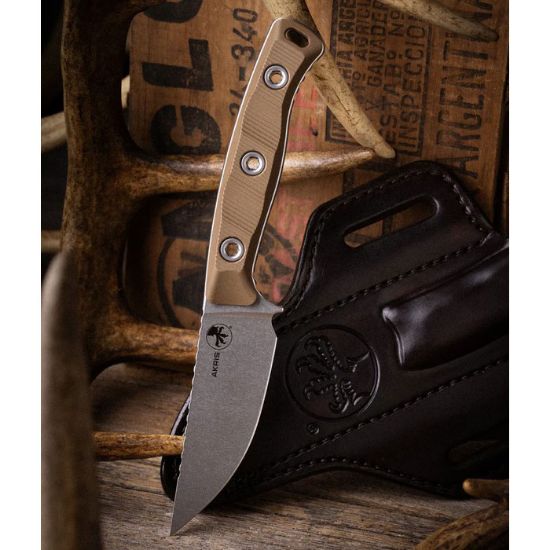 Microtech, Akris, S/E, Fixed Blade Knife, Flat Dark Earth, (3.7 Inch), Stonewash, FDE G10 Handles, Full Tang, M390, Field/Hunting Knife, With Dark Chocolate Sheath, Made in the USA, MICROTECH-95-10DE-1, RTG Parts