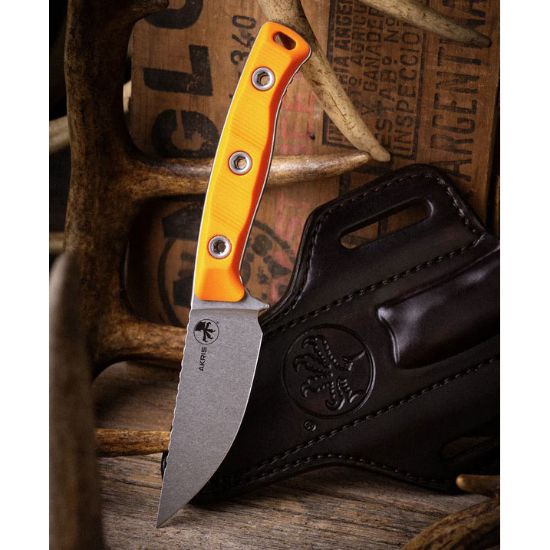 Microtech, Akris, S/E, Fixed Blade Knife, (3.7 Inch), Stonewash, Ember G10 Handles, Full Tang, M390, Field/Hunting Knife, Orange, With Dark Chocolate Sheath, Made in the USA, MICROTECH-95-10EM-1, RTG Parts